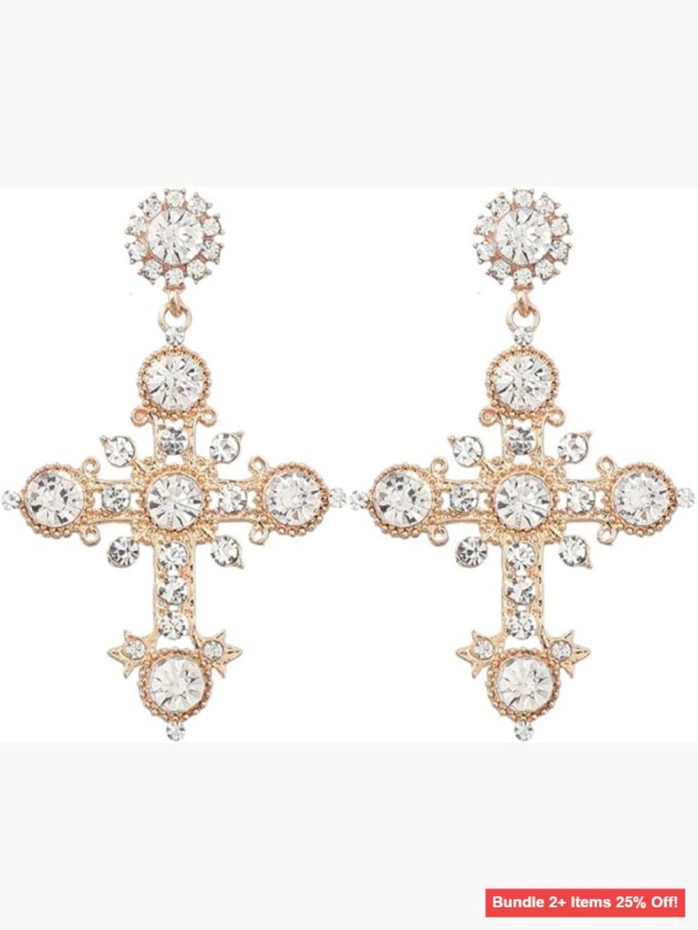 Gold Cross Dangle Earrings with Rhinestones and Pearl Drop Hypoallergenic